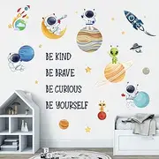 wondever Planets Outer Space Wall Stickers Be Kind Be Brave Inspirational Quote Astronaut Peel and Stick Wall Art Decals for Baby Nursery Kids Bedroom Playroom