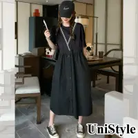 在飛比找momo購物網優惠-【UniStyle】撞色短袖洋裝 韓系假兩件拼接連身裙 女 