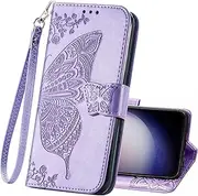 for Samsung Galaxy S23 FE Phone Case Wallet,Women Flip Folio PU Leather Protective Case Wrist Strap Card Slots Holder Pocket Emboss Butterfly Flower Stand Flip Case for Samsung Galaxy S23 FE Lavender