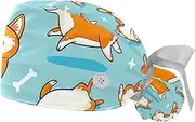 [FVQL] 2PCS Nursing Caps Scrub Caps Women Scrub Hat, Corgi Dog and Bone