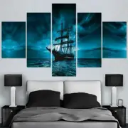 Pirate Ship On Dark Water Open Ocean Seas Framed 5 Piece Panel Canvas Wall Art P