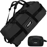 [STOVER] 80L Rolling Duffel Bag with Wheels, Large 31 Inch Durable Travel Duffle + Toiletry Bag, Heavy Duty, Packable, Foldable w/Shoulder Straps- Use as Luggage or Backpack, Men/Women (Black), Black1,