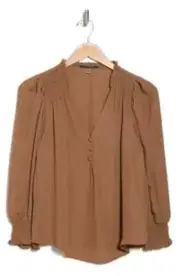 Elie Tahari Long Sleeve Smocked Button-Up Shirt hazlenut size XS NWT