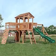 Backyard Discovery Sterling Point All Cedar Wooden Swing Set, Raised Clubhouse, Green Wave Slide, Web Swing, Climbing Wall, 3-metre Wave Slide, 2 Belt Swings, Front Porch, Bridge