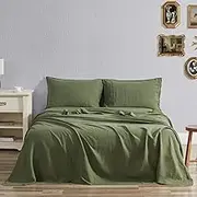 GIORCIS 100% Linen Sheet Set - Stone Washed Pure Natural French Flax Bedding Soft Breathable 4 Pcs Set - 1 Flat Sheet, 1 Fitted Sheet, 1 Pillowcase (Olive Green, Full)