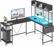 L Shaped Gaming Desk with LED Lights & Power Outlets Reversible Computer 170cm