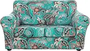 [Lamberia] Printed Sofa Cover for 2 Cushion Couch High Stretch Sofa Slipcovers 3 Piece Loveseat Slipcover with Two Separate Cushion Covers Elastic Bottom Floral Pattern (Green, Loveseat)