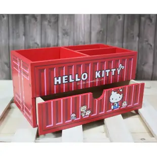 小禮堂 Hello Kitty 木製收納盒 橫式 單抽 三格 抽屜盒 置物盒 筆筒 貨櫃造型 (紅)