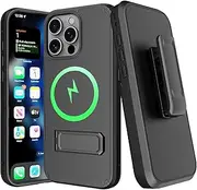 for iPhone 16 Pro Max Holster Case Magnetic with Belt Clip & Kickstand & Card Holder, Compatible with MagSafe, 2-in-1 Rugged Bumper Cover Full-Body Military Grade Protection (Black)