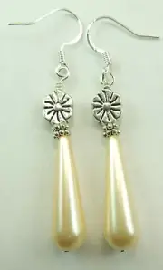Briolette Acrylic Earrings with Silver Color Flowerw Handmade Chic Jewelry