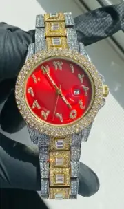 Men Custom Fully Ice out 14k Gold Silver Round Red Arabic Dial Icy Watch Iced