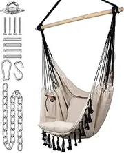 KOMOREBI Hammock Chair | Hanging Rope Swing for Indoor & Outdoor | Soft & Durable Cotton Canvas | 2 Cushions Included | Large Macrame Hanging Chair with Pocket for Bedroom, Patio, Porch (Ivory/Black)