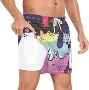 [GuoChe] Beach Shorts for Men Men's Lined Workout Shorts Bright Paint Streaks Colorful with Compression Liner Inseam Mens