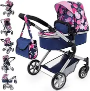 Bayer Design 18169AA Doll's Pram City Neo with Changing Bag and Underneath Shopping Basket, Convertable to a Pushchair, Blue/Pink