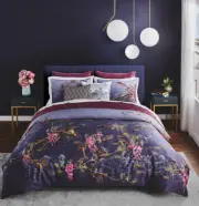 NIP Ted Baker Hibiscus Dark Gray Floral Twin Comforter & Sham Set 2pc