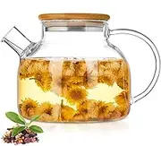 Borosilicate Teapot with Strainer, Stovetop & Microwave Safe, Glass Kettle with Wooden Lid, Loose Leaf and Fruit Tea - 34oz/1000ml
