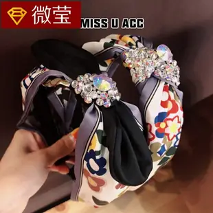韓國ins中國彩色風花朵花紋緞面寬版蝴蝶結水鉆發卡發箍發飾