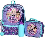 LOL Girl’s 4 Piece Backpack Set, Sequined School Bag with Front Zip Pocket, 2 Side Mesh Pockets, Insulated Lunch Box