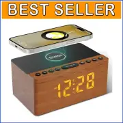 4-in-1 Wooden Bluetooth Speaker Alarm Clock with FM Radio and Wireless Charger