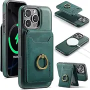 2 in 1 Wallet Case for Samsung Galaxy S23 Ultra, Supports Wireless Charging 360 Degree Rotating Ring Magnetic Separation Cover - Green