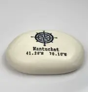 Nantucket MA Ceramic Rock Paperweight Longitude Latitude Nautical Art Door Stop