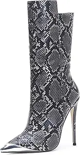 [UP2STEP] Women Vintage Snake Skin Printed Vegan Leather Boots Metal Pointed Toe Stiletto High Heel Mid Calf Ankle Booties
