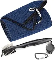Golf Towel - Microfiber With Waffle Pattern, Tri-fold Golf Accessories for Men, Brush Tool Kit, Towels for Golf Bags With Clip, Navy Blue