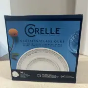 CORELLE LIVINGWARE VITRELLE " MYSTIC GRAY " 16 PC. ROUND DINNERWARE NIB 2022