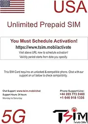 PrePaid USA SIM Card. Unlimited Incoming and Outgoing Calls/Text | Ultra High Speed 5G Data Allowance. Hotspot/Tethering/Internet Sharing Allowed. (Unlimited+CanMex x 1 Month)