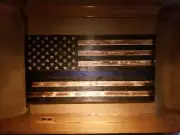 Blue Line U S Flag,19.5"x36" Wood with Burned Appearance with Carved Stars.