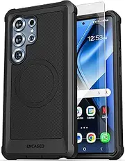 Encased Heavy Duty Case for Samsung Galaxy S25 Ultra with Tempered Glass Screen Protector (Compatible with MagSafe Qi2) Full Body Protective Phone Case (Black)
