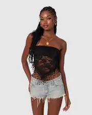EDIKTED Womens India Sheer Lace Strapless Top BLACK