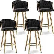 Modern 360° Swivel Barstools, Bar Height Bar Stools Set of 1/2/3/4, 25.6/29.5 Inch Seat Height Upholstered Kitchen Chairs with Steel Legs and Footrest(Black Gold Leg,4 PCS)