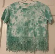 Paper Flower Tween Size M Top, lovely green with fringe and beading
