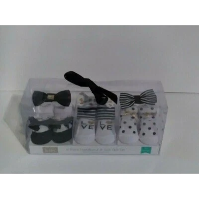Hudson Baby Girl Set 6 Pc Headband Socks Black/White/Gold Shower Gift 0-9 Mo New