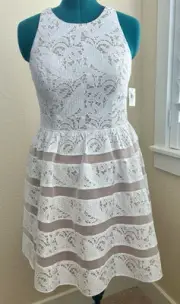 Aidan Mattox Flare Halter Lace Sleeveless Party Dress 12 White Nude ($458) NWT