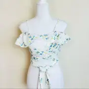 NWT ASOS White & Blue Tie Front Ruffle Asymmetrical Bardot Crop Top