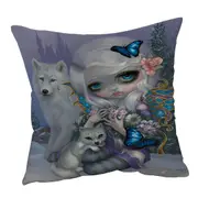 Winter Fairy with Two White Wolves and Butterflies Cushion Cover