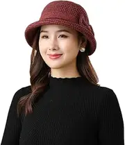 [iNszkoos] Womens Wool Felt Winter Vintage Cloche Derby Hats Bucket Hat Fashion Style Fedora Hat Wide Brim Floppy Hat Autumn Elegant Bowler Church Hat Party Bucket Hat with Lovely Bow Tie for Girls Ladies Women