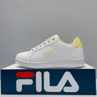 在飛比找蝦皮購物優惠-FILA 女生 白黃色 皮革 舒適 小白鞋 運動 休閒鞋 5