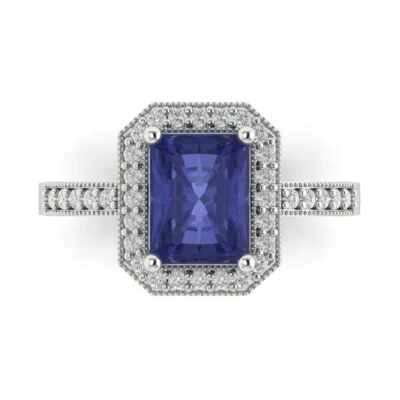 2.9Ct Emerald Cut Tanzanite Solid Gold Halo Engagement Promise Statement Ring