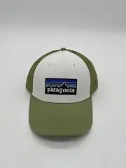 Patagonia P-6 Logo Lopro Trucker Hat White/Buckhorn Green Snapback Mesh O/S New