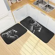 XYMZR Kitchen Mat Black White Lion for Floor, 2 Piece, Non Slip Washable Kitchen Rugs for Kitchen & Home Decor, Sink, Bathroom 19.7” x 27.6” + 19.7” + 47.2”