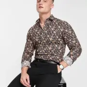 ASOS Harry Brown Men's Slim Fit Long Sleeve Button Down Shirt Floral