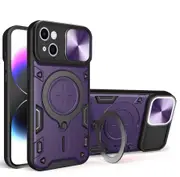 case For iPhone 14 Slide Camera Lens Protection and Built in 360 Rotatable Ring Holder - Purple