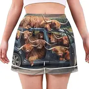 [RPLIFE] Highland Cattles in Car Woman Sleep Shorts, Cute Comfy Shorts for Women Loose Fit, Summer Pajamas Women