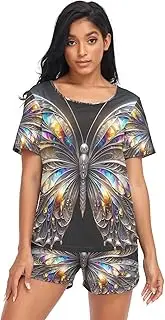 [RPLIFE] Metallic Butterfly Sleepwear Short Set Women, Matching Lounge Set Women, Metallic Butterfly, X-Large