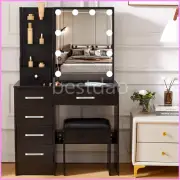 Black Dressing Table Stool Set Makeup Desk Vanity w/ LED Lighted Sliding Mirror