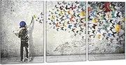[Canvas Trend] Large Graffiti Wall Decor 3 Panels Banksy Wall Art for Living Room Modern Street Graffiti Artwork Boy and Butterfly Pictures Prints Decor Framed Ready to Hang - 24" W x 36" H x 3pcs