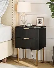 Masupu Nightstand with Charging Station,Mid-Century Modern Bedside Table with 2 Storage Drawer,Small Gold Frame Side End Table for Bedroom,Living Room (Black)